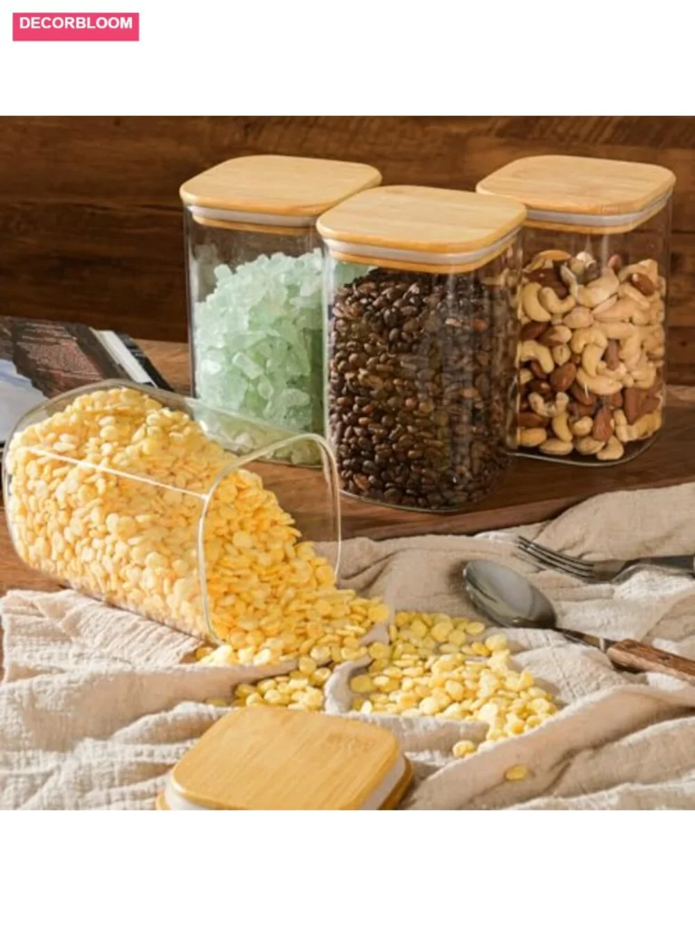 37oz Airtight Glass Square Storage Canisters with Bamboo Lids Set of 6